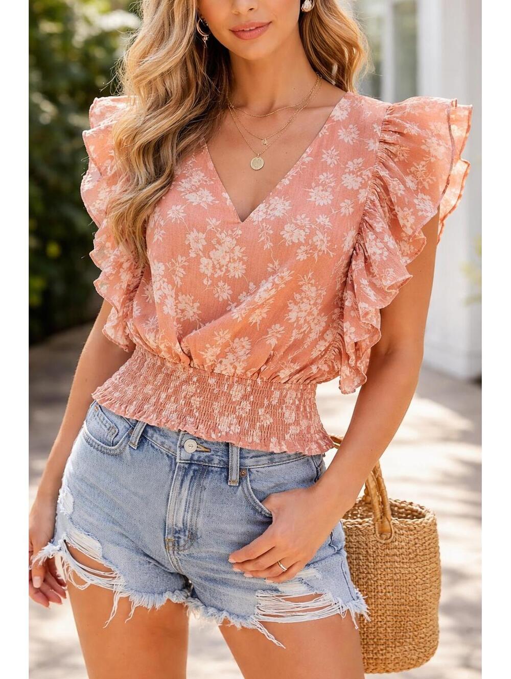 Mitoshop Peach Floral Ruffle Sleeve Surplice Smocked Waist Blouse Top Size Small